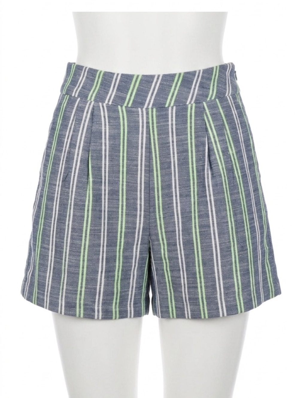 100% Linen Striped High Waist Shorts Navy Green White Size M Cream & Rouge